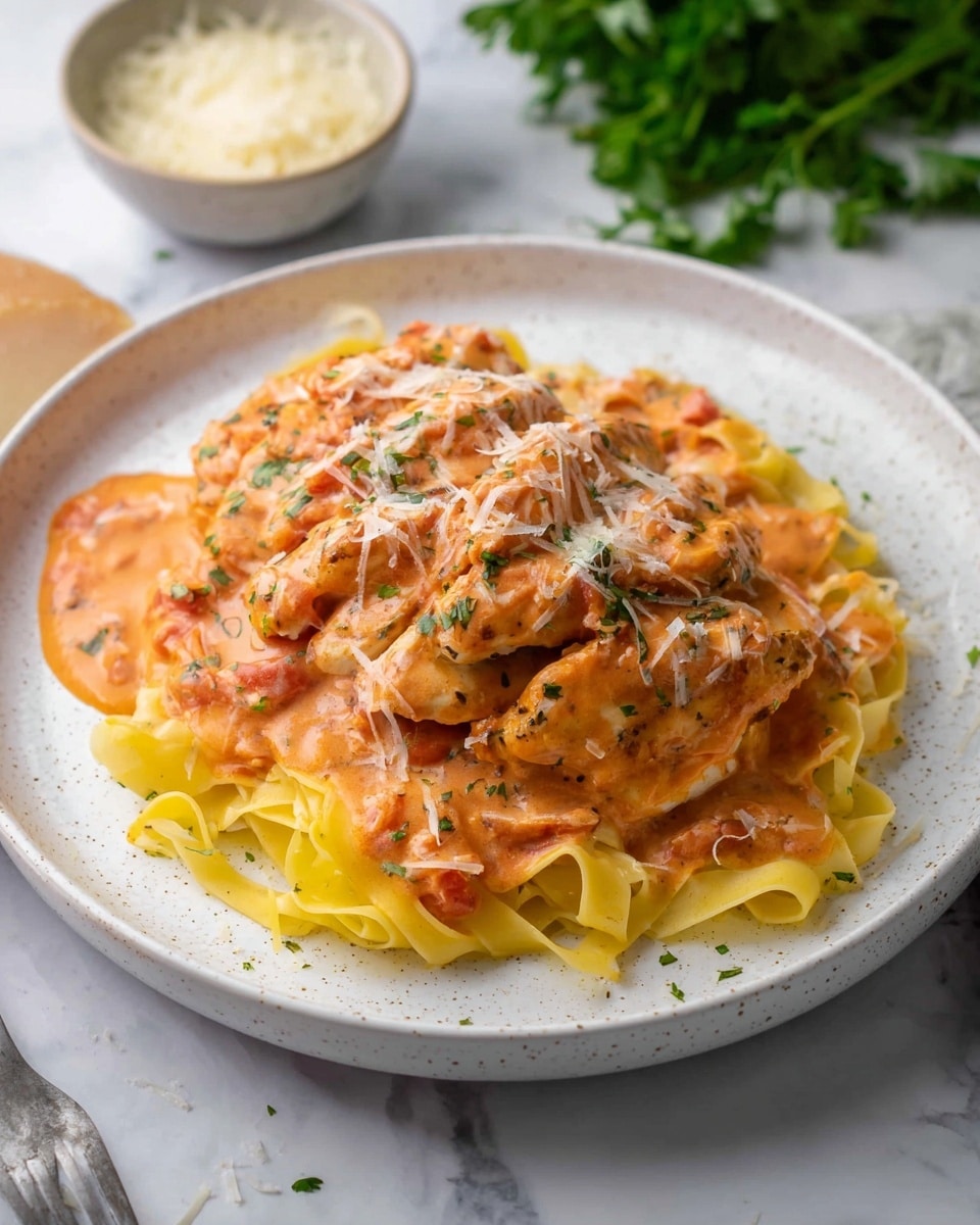 A white pot filled with several pieces of ravioli covered in a thick, creamy orange tomato sauce with visible herbs and small chunks of tomato. The ravioli are soft and have a slightly uneven, homemade look, partially submerged in the sauce. The dish is topped with a light sprinkle of grated cheese and chopped green herbs scattered on top for color and texture. The setting features a white marbled surface beneath the pot. photo taken with an iphone --ar 4:5 --v 7