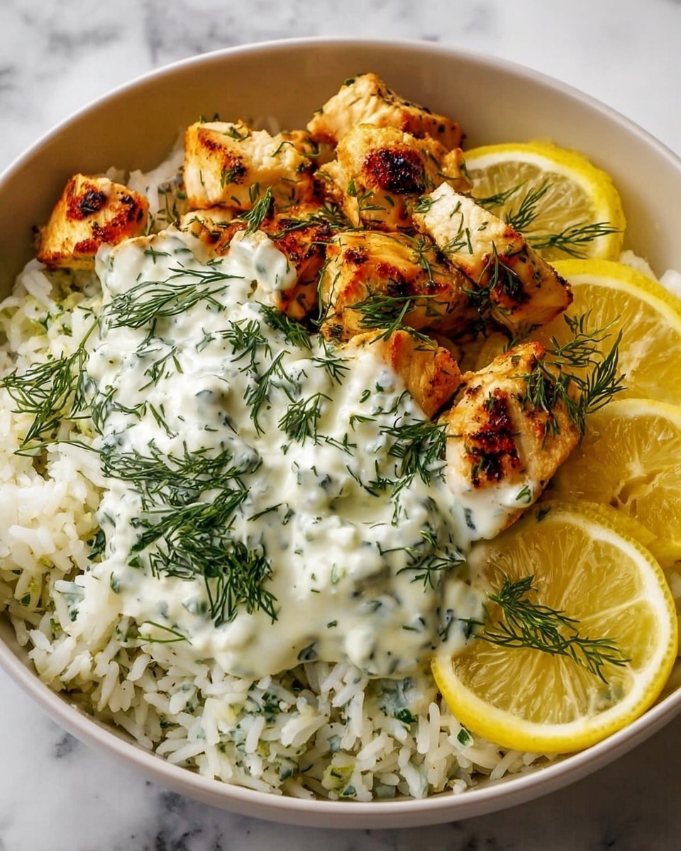 In a white bowl filled with fluffy, white rice as the base layer, grilled chicken pieces with a golden-brown char are placed on top towards the right side. Fresh green dill herbs are sprinkled over the chicken and rice, adding a fresh look. To the right of the chicken, there is a creamy white sauce with visible green herb bits mixed in, covering part of the rice. A thin lemon slice with its bright yellow rind rests on the chicken for garnish. The bowl is set on a white marbled surface with two lemon halves placed nearby, enhancing the fresh and vibrant feel of the dish. photo taken with an iphone --ar 4:5 --v 7