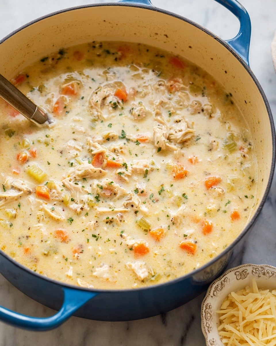 A close-up of a thick, creamy soup inside a large, round, blue pot with a white interior, showing a mix of small diced orange carrots, light green celery, and tender beige chicken pieces in a smooth, pale yellow broth speckled with herbs. The soup surface has a silky texture with visible bits of seasoning and finely chopped vegetables, creating a hearty, comforting look. In the background, a white marbled surface holds a dish of shaved pale yellow cheese. Photo taken with an iphone --ar 4:5 --v 7
