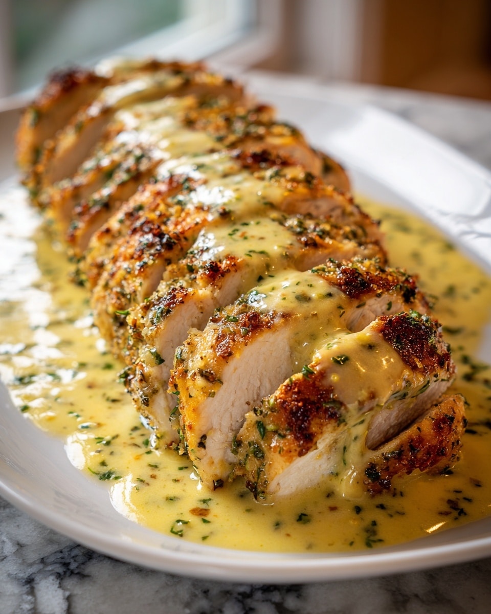 A large white rectangular plate holds a sliced, golden-brown roasted chicken breast arranged in a row. The chicken has a crispy, textured outer layer with visible herbs and spices. A creamy sauce with green herbs is poured generously over the middle and base of the chicken, pooling around the slices and covering part of the plate. The background shows a white marbled texture surface with soft natural light coming from the side. photo taken with an iphone --ar 4:5 --v 7