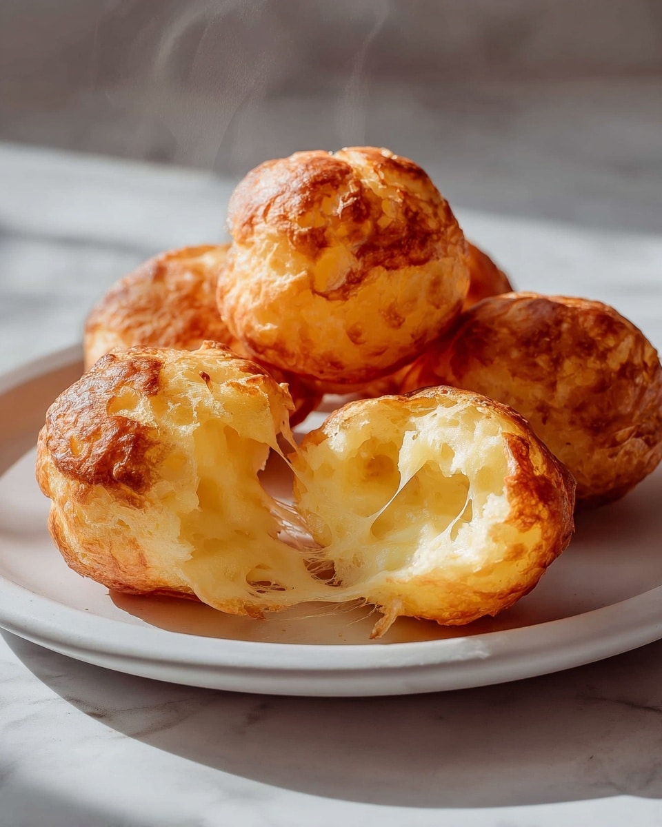 A close-up view of several golden brown cheese puffs on a white plate, with one puff broken open at the front showing melted, stringy white cheese inside. The cheese puffs have a rough, crispy texture on the outside with patches of darker brown where they are more cooked. The plate sits on a white marbled surface. photo taken with an iphone --ar 4:5 --v 7