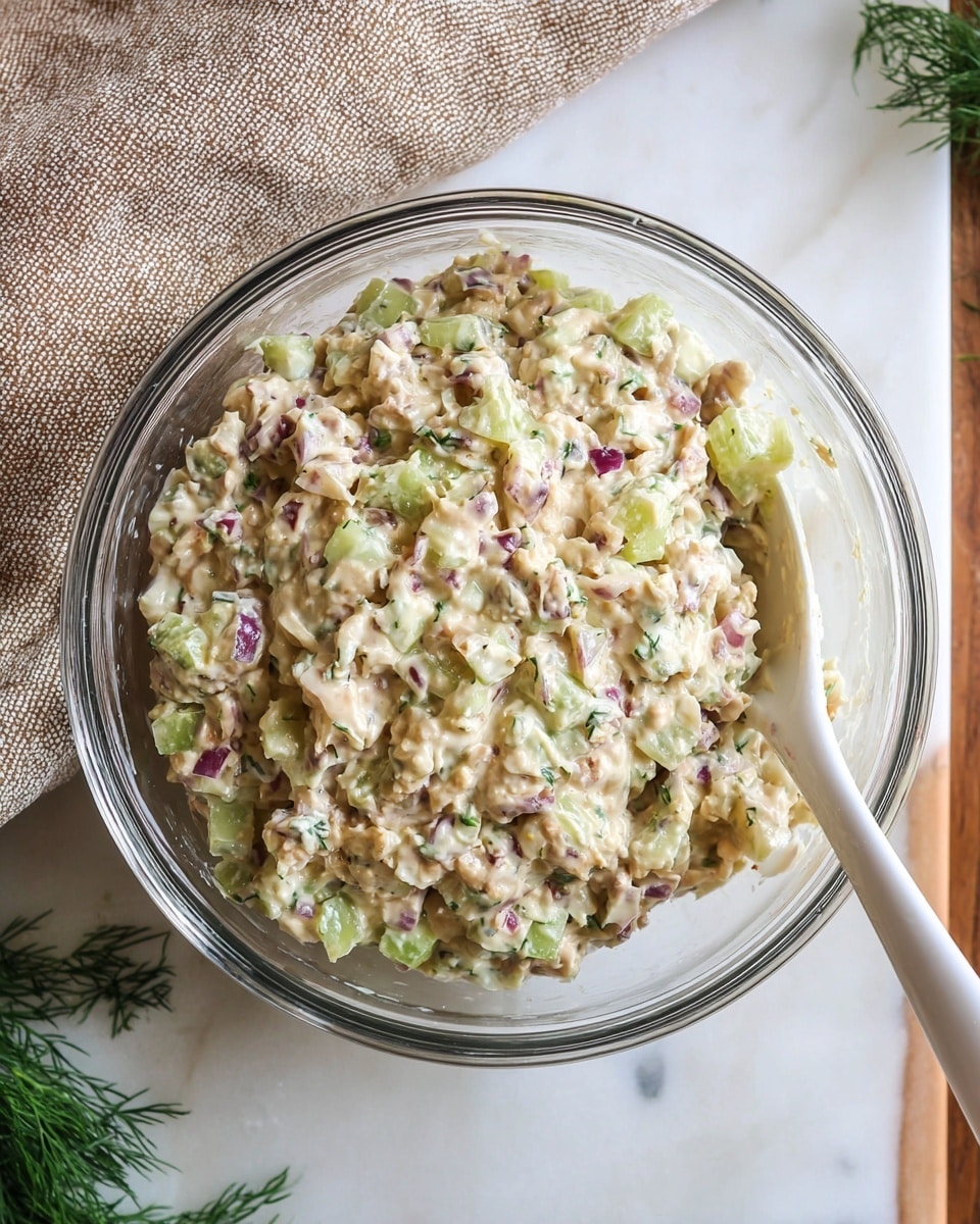A bowl with a white color and brown rim holds a chunky tuna salad made of creamy, light beige base mixed with pale green celery pieces and small bits of purple onion. On top, there are bright green sliced spring onions and small sprigs of fresh dill placed as garnish. The bowl sits on a wooden surface with chopped red onion pieces scattered near the top edge and a half-cut lemon with a bright yellow color in the top right corner. Nearby, some fresh dill sprigs and a beige knitted cloth are placed around the bowl. The background has a white marbled texture. photo taken with an iphone --ar 4:5 --v 7