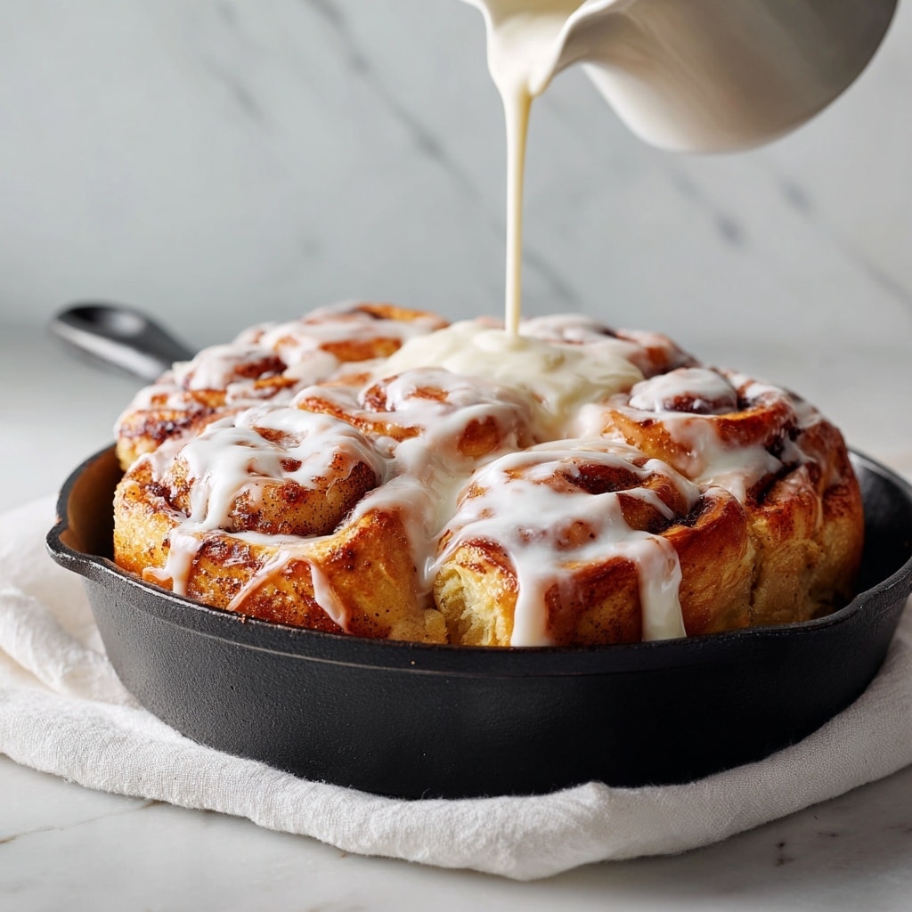 A tall cinnamon roll with many twisted golden-brown layers sits in a black cast iron skillet. The top layer is thick and fluffy, covered with a flowing white cream glaze that drips down the sides. Behind, a stream of the glaze is being poured onto the roll. The skillet is on a soft white cloth, and the background has a white marbled texture. Photo taken with an iphone --ar 4:5 --v 7