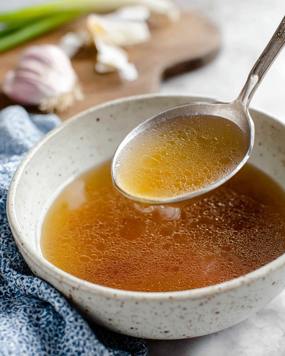 A close-up image showing a white speckled bowl filled with a golden brown clear broth with small bubbles on the surface. The bowl is placed on a white marbled textured surface with a blurred background of garlic cloves and a light blue cloth with white polka dots. The broth looks smooth and shiny, filling about three-quarters of the bowl. photo taken with an iphone --ar 4:5 --v 7