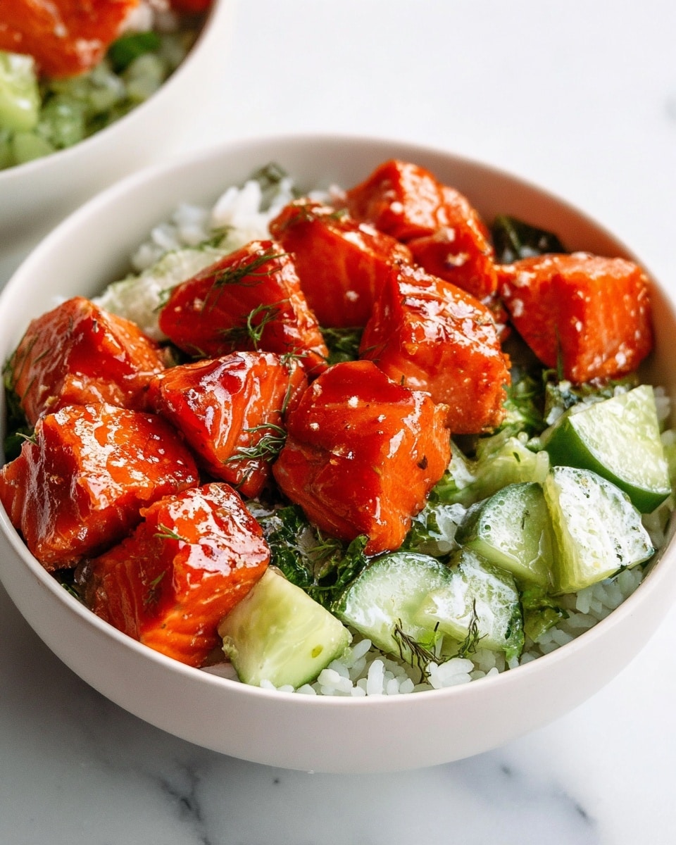 A white bowl sits on a white marbled surface, filled with chunks of bright orange-red glazed salmon on top, each piece shiny and textured with seasoning. Beneath the salmon, there are fresh, light green cucumber pieces mixed with small bits of dark green herbs. At the bottom, fluffy white rice adds contrast and texture, with some grains scattered lightly on the salmon and cucumber. The bowl looks full and colorful, with a focus on the shiny salmon and fresh vegetables. photo taken with an iphone --ar 4:5 --v 7