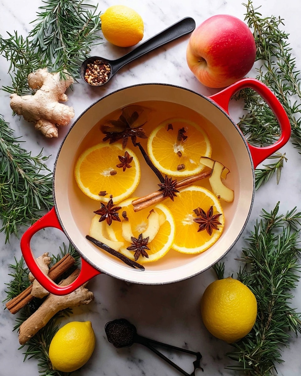 A white saucepan with a red handle is filled with water and four bright orange slices floating on top. Scattered on and around the orange slices are dark brown star anise, cinnamon sticks, pale yellow ginger slices, vanilla pods, and small dark cloves. The saucepan sits on a white marbled surface surrounded by fresh green rosemary sprigs, whole yellow lemons, lemon peel strips, a red and yellow apple, a piece of ginger root, and black measuring spoons containing ground spices. The colors are warm and fresh with a mix of bright yellows, deep browns, and vivid greens. Photo taken with an iphone --ar 4:5 --v 7