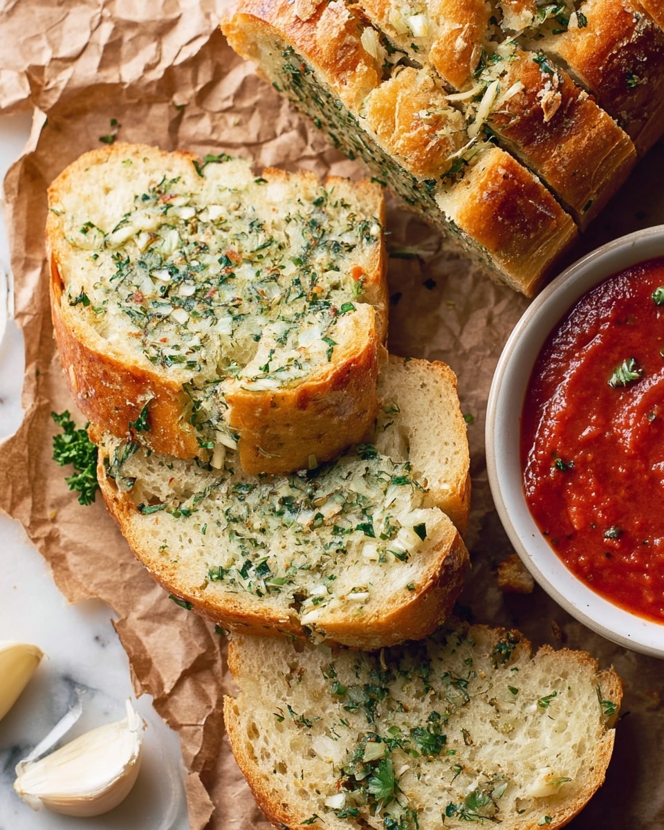A loaf of garlic bread is sliced into thick pieces, each piece showing a layer of green herbs and minced garlic spread evenly over the soft, light beige inner bread with a golden brown crunchy crust on the outside. The slices are arranged on crumpled brown paper resting on a wooden board, alongside a few separated cloves of white garlic. Next to the bread is a white bowl filled with bright red chunky marinara sauce, some of the sauce slightly spilled onto the brown paper. The scene is set on a white marbled textured surface. photo taken with an iphone --ar 4:5 --v 7