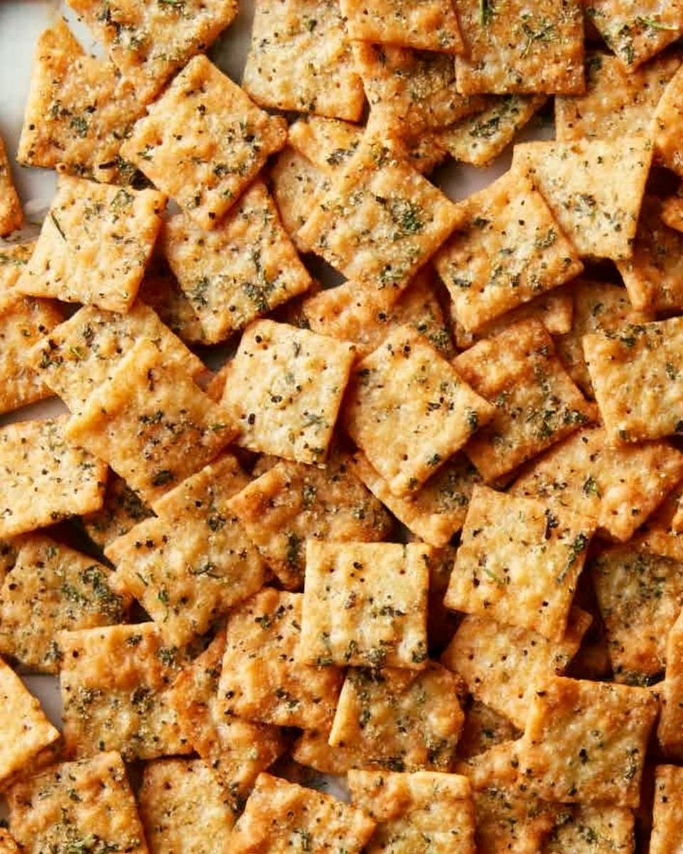 A close-up view of many small square crackers piled together, each cracker showing a golden-brown color with specks of green herbs and small holes on the surface, giving a crispy and seasoned look. The texture appears crunchy with slight uneven edges and visible seasoning bits scattered across the crackers, all set against a white marbled texture background. photo taken with an iphone --ar 4:5 --v 7