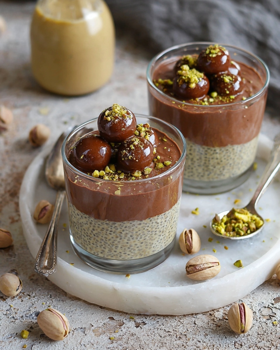 Two clear glass dessert cups each have two layers: a light greenish chia pudding with visible seeds at the bottom, topped with a smooth, glossy dark chocolate layer. On top of the chocolate are a few round, textured pistachio balls and small chopped pistachio pieces. The cups sit on a white oval plate with a slightly shiny texture, accompanied by two vintage silver spoons. Around the plate and on the white marbled surface are scattered whole pistachios, chocolate chips, and pistachio balls. In the background, a jar of green pistachio paste with a knife on top and a glass bottle with pale green liquid add context. Photo taken with an iphone --ar 4:5 --v 7