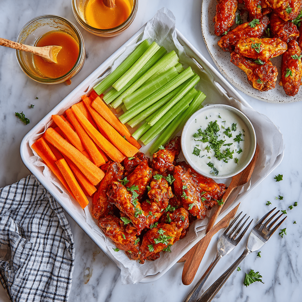 A large white plate full of many pieces of fried chicken wings covered in bright orange, shiny sauce, stacked closely in the center and spread outward, with their crispy texture visible under the sauce. To the side of the chicken, there is a small white bowl holding a smooth white dipping sauce with small green herb bits sprinkled inside, and a wooden spoon resting in the bowl. The scene is set on a white marbled surface with a corner of a white and black checkered cloth partially visible. Photo taken with an iphone --ar 4:5 --v 7