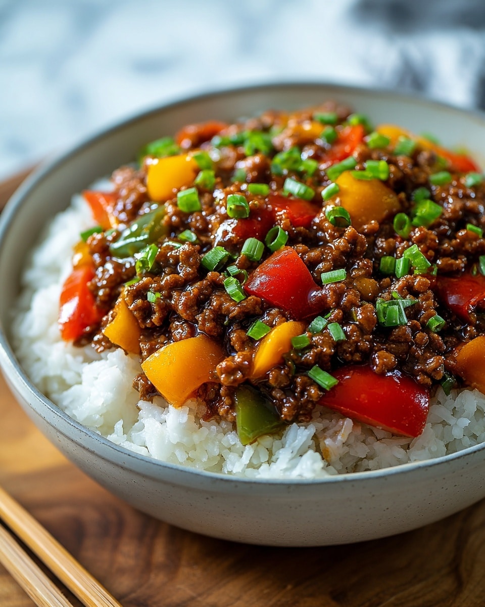 A white speckled bowl is filled with a two-layer dish placed on a chopping board on a white marbled surface. The bottom layer is plain white rice, fluffy in texture. The top layer is a colorful mix of cooked ground meat and diced bell peppers in red, yellow, and green colors, coated in a shiny brown sauce. Small pieces of chopped green herbs are sprinkled over the mix. The close-up angle captures the dish's vibrant colors and fresh textures. Photo taken with an iphone --ar 4:5 --v 7