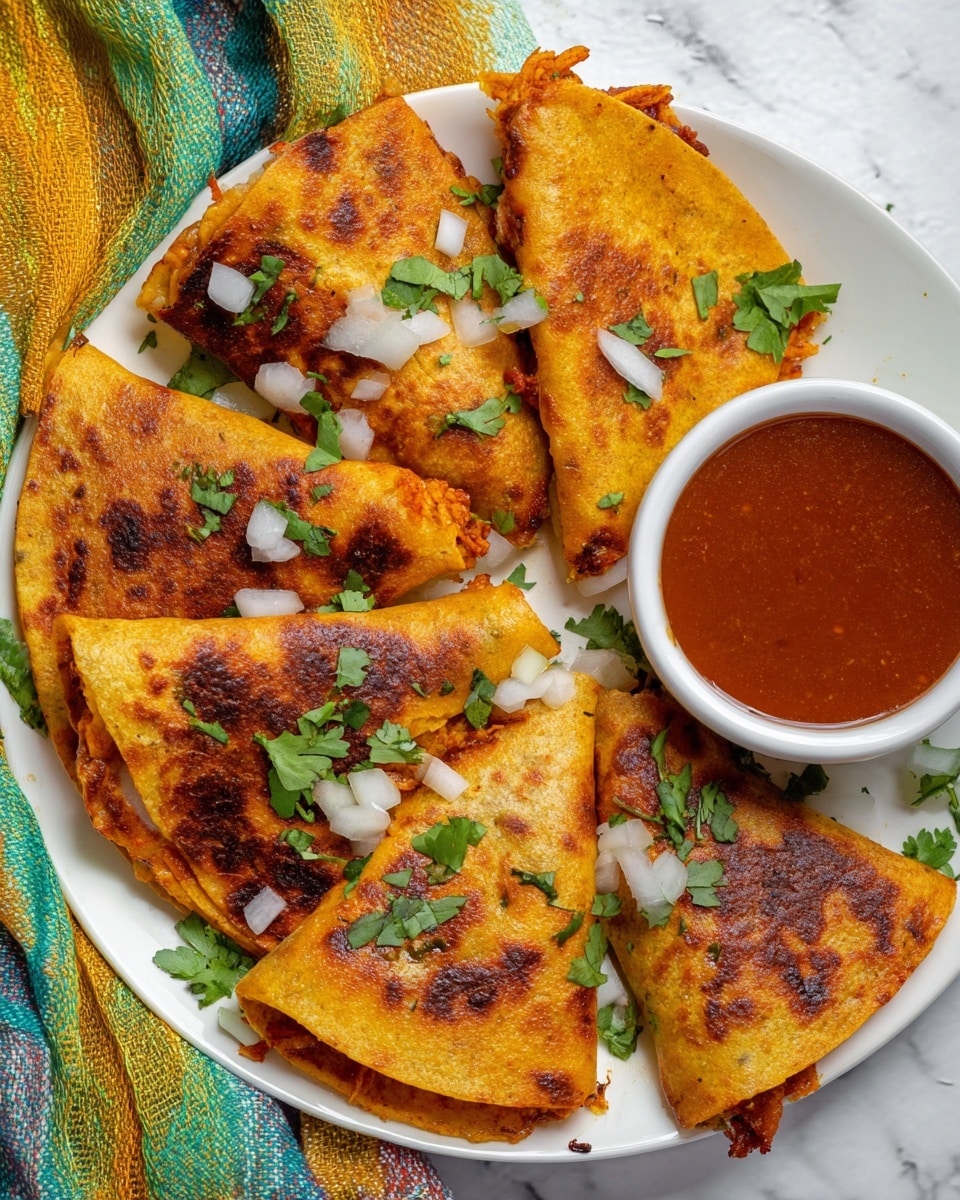 The image shows a white plate filled with six golden-brown folded quesadillas, each crispy on the outside with some parts darker and slightly charred. The quesadillas are stuffed with melted cheese and reddish-orange cooked meat or sauce, visible at the edges. On top of the quesadillas, there are small pieces of white onion and fresh green cilantro leaves scattered around for garnish. To the right side of the plate, there is a white bowl filled with a bright reddish-brown dipping sauce. The plate is set on a white marbled texture surface with a colorful, soft cloth in shades of yellow, green, and blue draped nearby. photo taken with an iphone --ar 4:5 --v 7