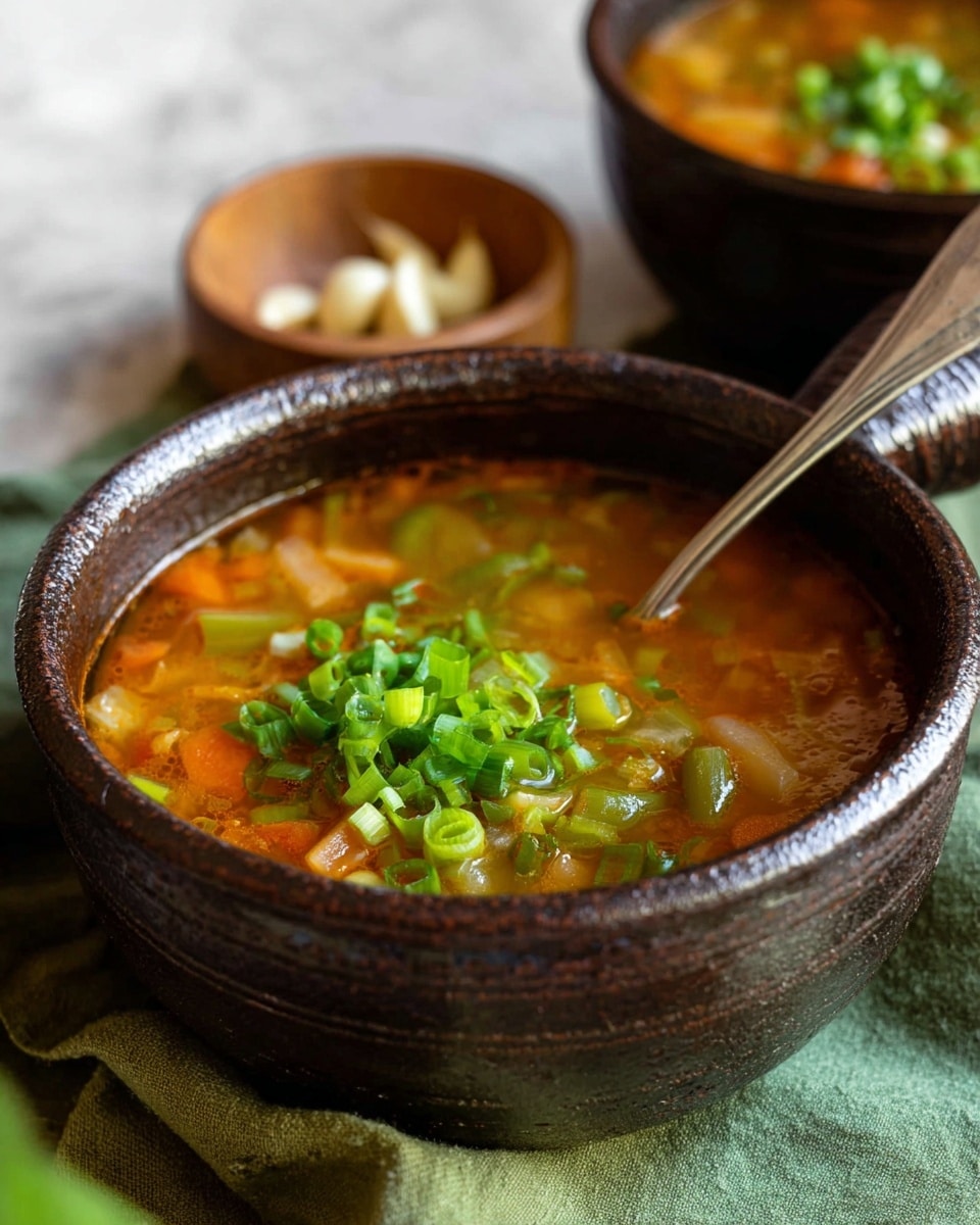 A bowl of thick lentil soup filled with visible slices of orange carrots and lentils in a rich brown broth sits in a white bowl with a dark handle. The top layer is covered generously with bright green chopped scallions, adding freshness and color contrast. A spoon rests inside the bowl, partly submerged in the soup, showing a scoop of lentils and carrot slices. Around the bowl, there are slices of light brown toasted bread on the left side, a small white round plate with a black pattern holding chopped scallions and half a lemon wedge at the lower left corner, and a small wooden cup with a pink flower and green garnish near the top right. The background is a white marbled texture, and a green cloth napkin is casually placed near the bowl's handle. Photo taken with an iphone --ar 4:5 --v 7