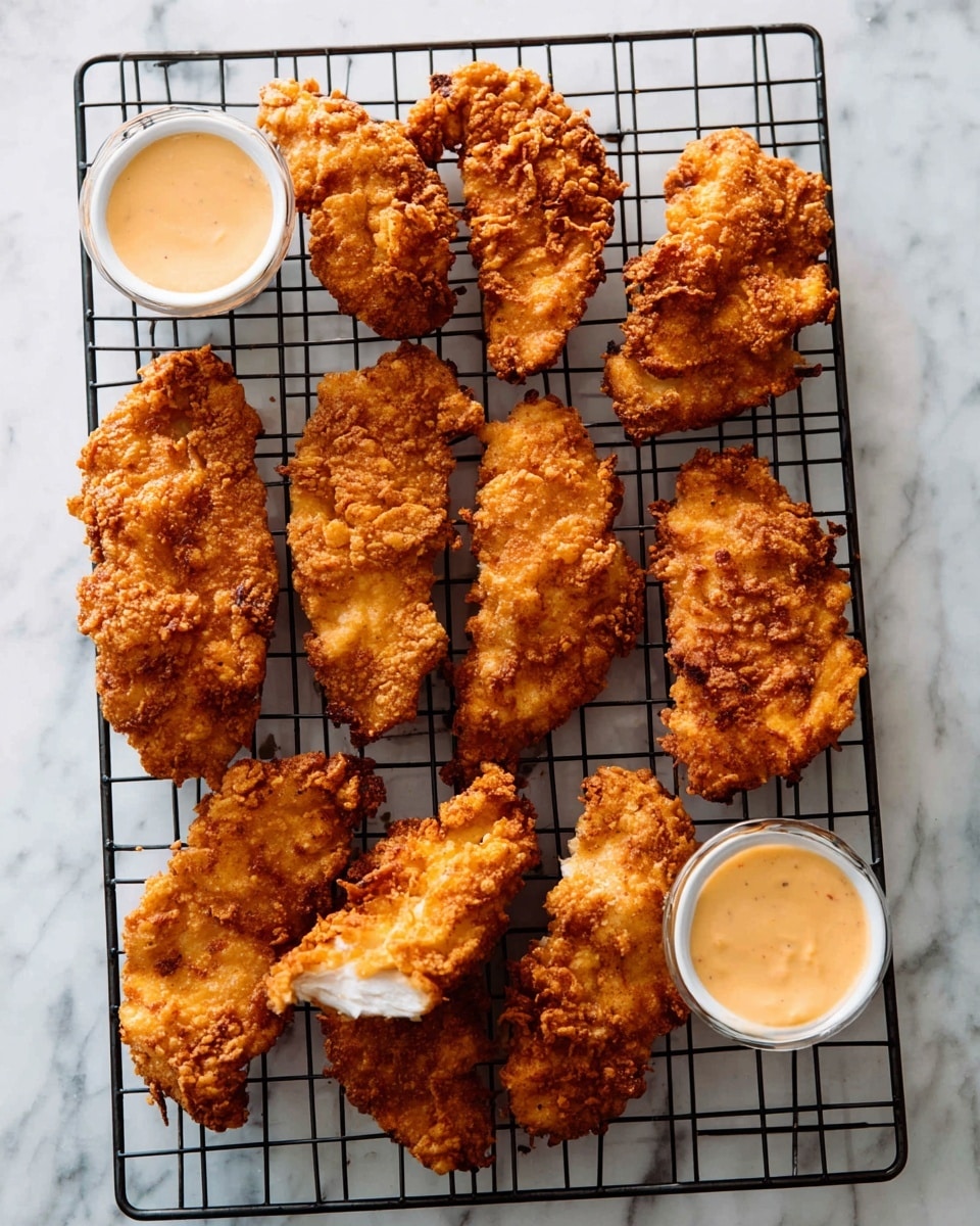 The image shows several pieces of crispy fried chicken with a golden-brown, crunchy texture and small green chive pieces sprinkled on top. The chicken pieces are placed on a white marbled surface with some small crumbs around them. A small silver metal cup filled with a smooth, light brown dipping sauce is positioned among the chicken pieces, adding contrast to the rough texture of the chicken. The overall look is crispy and appetizing with warm golden tones. photo taken with an iphone --ar 4:5 --v 7