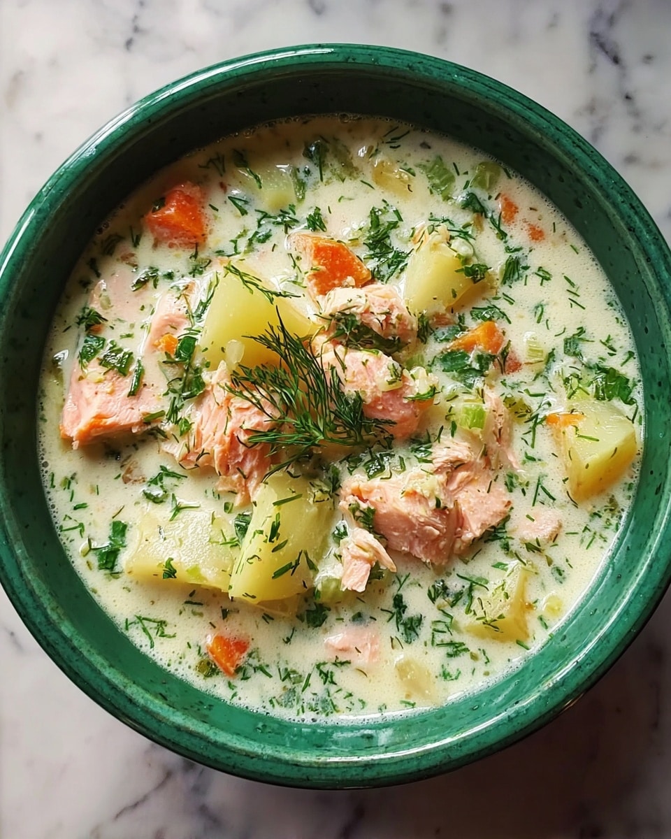 A bowl of creamy soup filled with chunks of pink salmon, light yellow potato pieces, and small orange carrot bits, all mixed in a pale cream broth speckled with green dill and herbs. The ingredients float evenly, creating a textured, layered look with salmon and potatoes sitting on top and scattered herbs adding a fresh touch. The soup is served in a white bowl placed on a white marbled surface, offering a clean and simple background that makes the colors of the soup stand out. Photo taken with an iphone --ar 4:5 --v 7