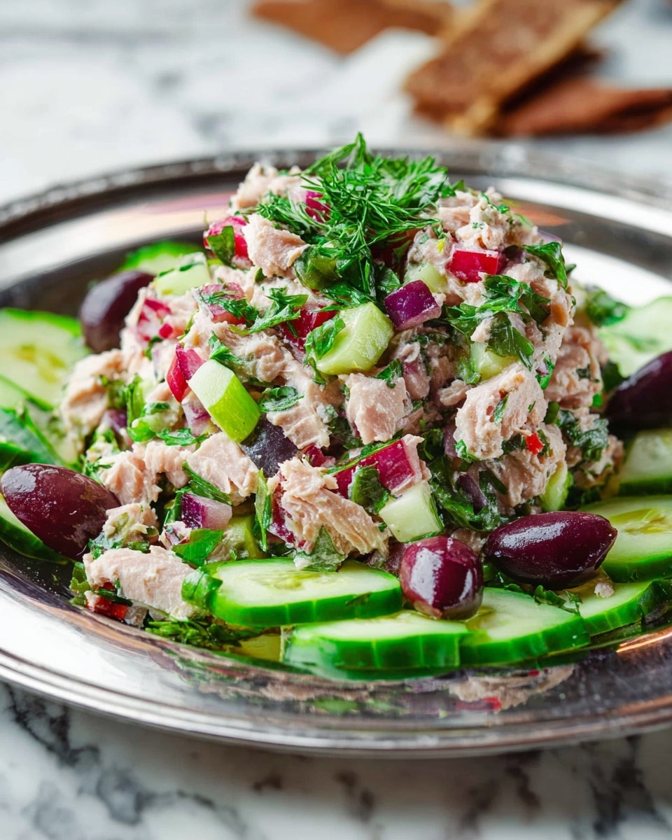 A close-up of a mixed salad served in a shallow white plate with a metallic rim. The salad consists of several layers: chunks of light pink tuna scattered evenly throughout, dark red kidney beans adding depth and color, bright green cucumber slices and chopped green herbs sprinkled all over, and small pieces of purple onion mixed inside. The textures vary from soft tuna to crunchy cucumber and beans, creating a lively look. The plate is placed on a piece of coarse beige fabric, all set on a white marbled surface with blurred green onions and crackers in the background for a fresh kitchen vibe. Photo taken with an iphone --ar 4:5 --v 7