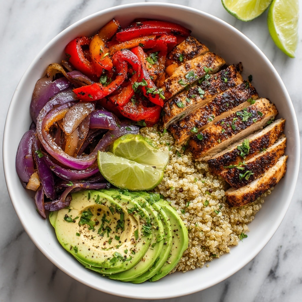 A white bowl holds a colorful healthy meal arranged in layers: on the left side, there are seven slices of grilled salmon with a browned, slightly crispy surface showing grill marks, sprinkled with green onion. Above the salmon, there are five thick slices of avocado, light green with a creamy texture, sprinkled with black pepper and small green onion pieces. The top right corner has two lime wedges with a bright green rind and juicy pale flesh. The right side shows a mix of sautéed red bell peppers and purple onions, cut into chunks and slightly shiny from cooking. Beneath and around all these layers, there is a base of light beige cooked cauliflower rice, fluffy with some green herb bits sprinkled inside. A woman's hand is holding a fork at the side, ready to pick up some food. The bowl sits on a white marbled surface. Photo taken with an iphone --ar 4:5 --v 7