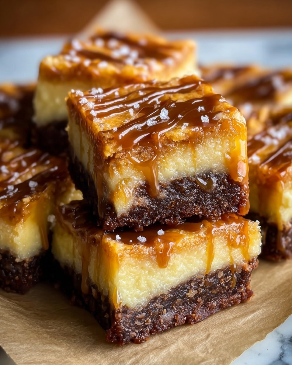 The image shows several square pieces of a dessert stacked closely together. Each piece has three layers: a thin, dark brown base layer with a crumbly texture, a thick middle layer of light golden cake that looks soft and moist, and a top layer covered with a caramel glaze that drips down slightly over the sides. Small white flakes of salt are sprinkled on top of the caramel, giving a hint of contrast. The dessert pieces appear shiny due to the caramel’s smooth surface, and they are resting on a dark surface with a white marbled texture visible in the blurred background. photo taken with an iphone --ar 4:5 --v 7