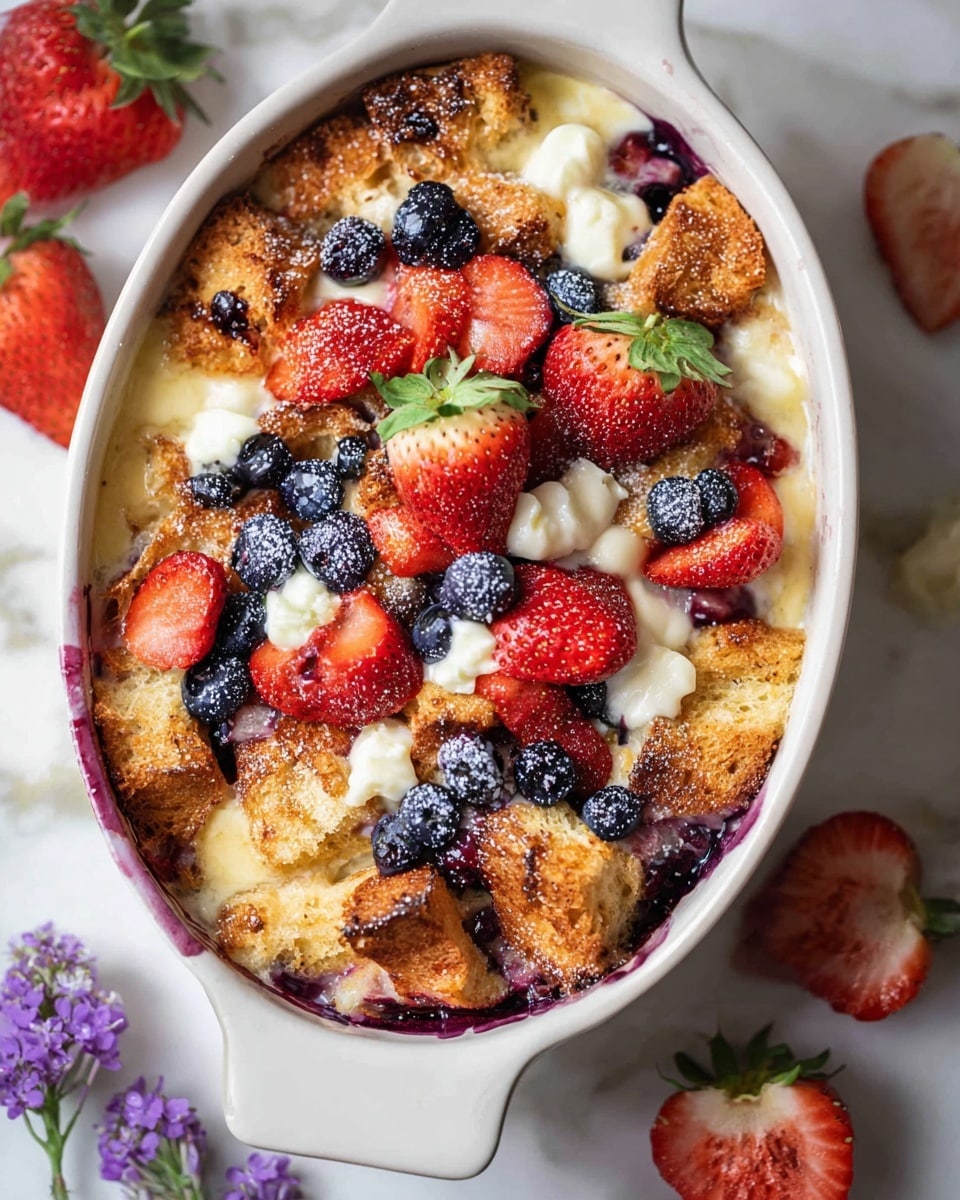 The image shows a close-up of a white oval baking dish filled with a baked dessert layered with golden brown bread pieces forming the base layer, topped with small dollops of creamy white cheese or custard. On top, there are fresh, halved bright red strawberries with green tops, plump dark blue blueberries, and powdered sugar lightly dusted over the fruits and bread. The edges of the dish show purple berry juices bubbling over slightly, adding a rustic touch. The dish sits on a white marbled surface with a few whole strawberries and some small purple flowers nearby, creating a fresh and inviting look. Photo taken with an iphone --ar 4:5 --v 7