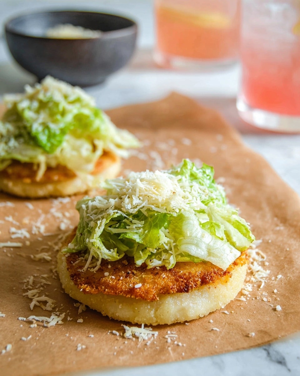 The image shows two pieces of food on a sheet of brown paper over a white marbled surface. Each piece has a round, light beige base layer that looks soft and slightly thick, topped with a golden brown, crispy fried layer. On top of the crispy layer sits a layer of fresh green lettuce coated lightly with a creamy dressing, and the lettuce is sprinkled generously with grated pale yellow cheese. In the background, there is a small dark gray bowl and a glass with a pink drink, adding a casual dining feel. The focus is on the closer piece, showing its detailed textures clearly. photo taken with an iphone --ar 4:5 --v 7