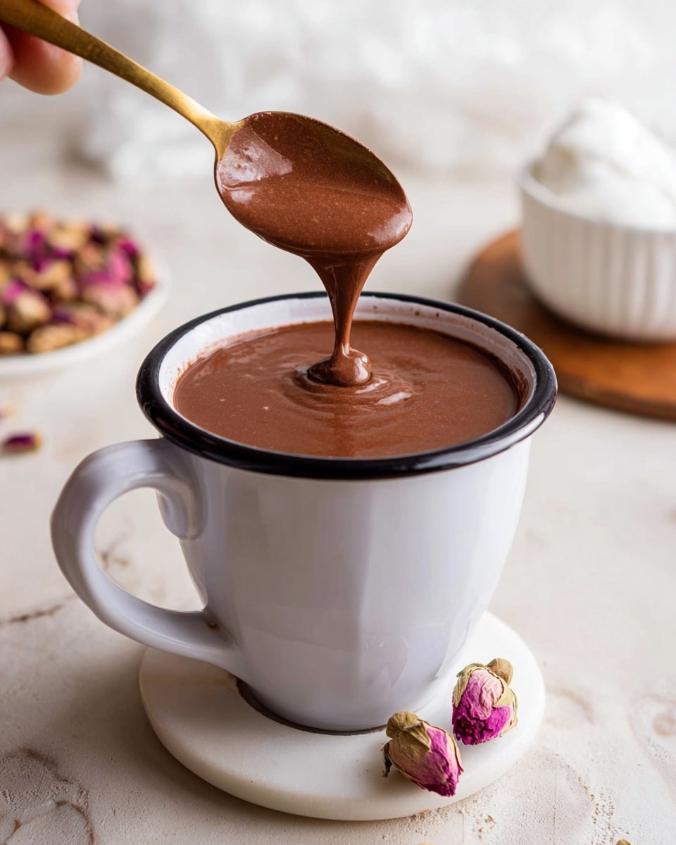 A white cup with a black handle and rim is filled to the top with thick, smooth, dark brown hot chocolate. A golden spoon is held above the cup by a woman's hand, dripping the rich hot chocolate back into the cup. The cup sits on a white coaster placed on a white marbled surface. Around the cup are two small dried pink flower buds. In the background, there is a blurred white cup filled with whipped cream and a partially visible white plate with nuts. Photo taken with an iphone --ar 4:5 --v 7