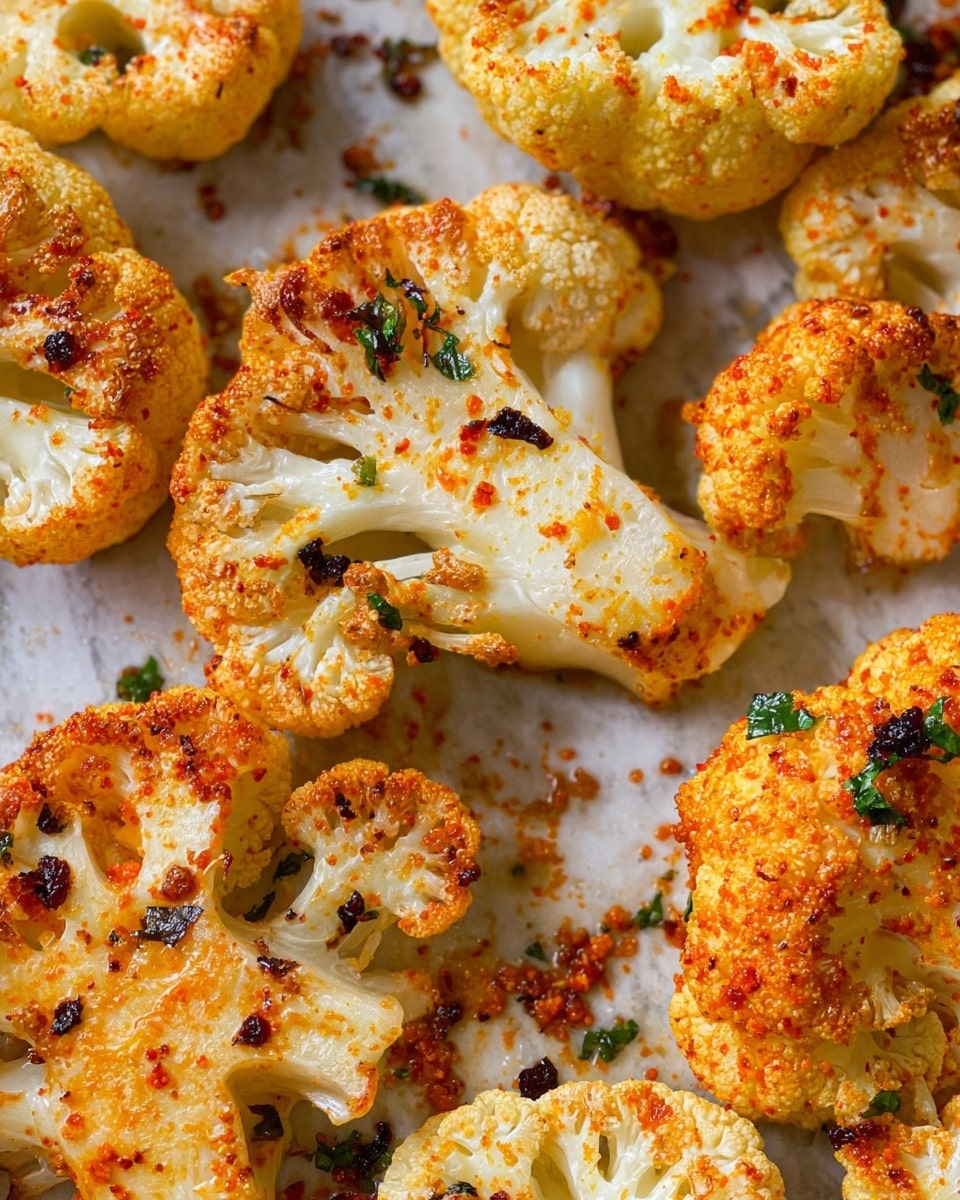 The image shows roasted cauliflower pieces spread out evenly on a dark baking tray. Each cauliflower piece has a golden-brown color with crispy edges and a slightly charred texture from roasting. Small green herb bits are sprinkled on top, adding a touch of contrast to the warm orange and white tones of the cauliflower. The cauliflower pieces vary in size and shape, from small florets to larger slices, showing the soft inner part and the firmer crust where they've been cooked. The background is a white marbled texture. photo taken with an iphone --ar 4:5 --v 7