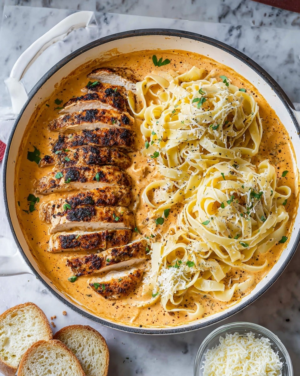 This close-up image shows a white bowl filled with creamy pasta topped with sliced grilled chicken. The pasta strands are thick, coated in a light orange creamy sauce with visible black pepper specks. Large, thin shavings of white cheese are scattered around, along with finely chopped green herbs that add fresh color contrast to the dish. The chicken slices have a golden-brown crust and are nestled among the pasta, partially covered with the sauce. The bowl sits on a white marbled surface. photo taken with an iphone --ar 4:5 --v 7