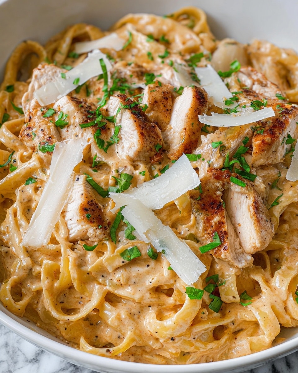 A large white pan filled with two main parts: on one side, grilled chicken breast sliced into thin pieces showing a golden-brown and slightly charred texture, placed on top of a rich, creamy orange-colored sauce; on the other side, two nests of light yellow fettuccine pasta with a smooth texture, sprinkled with black pepper and small green herb leaves. Around the pan on the white marbled texture surface, there is a small clear glass bowl filled with finely grated white cheese, with some cheese scattered nearby, and in the corner, two slices of light-colored bread with a soft texture. photo taken with an iphone --ar 4:5 --v 7