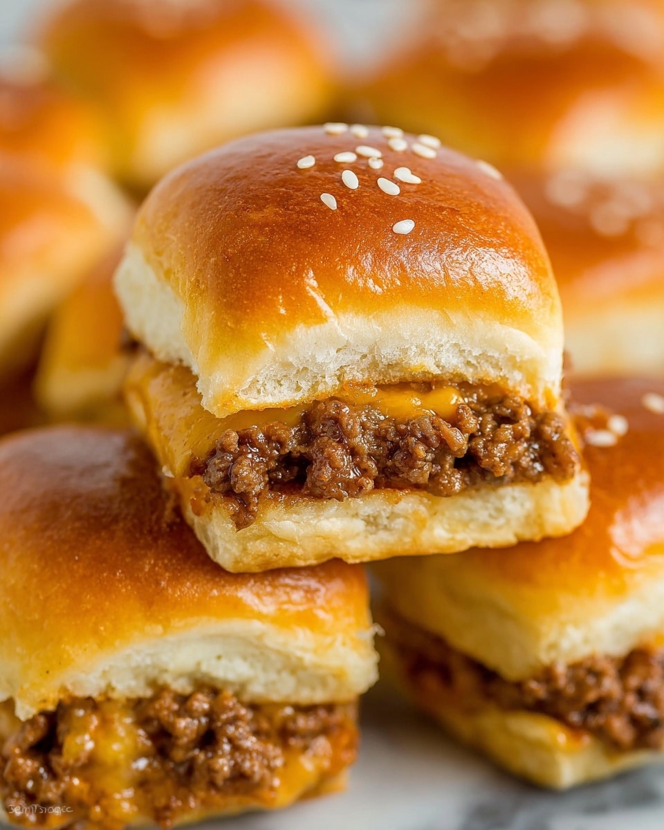 This image shows a tray of small slider sandwiches made of golden brown, shiny buns topped with white sesame seeds. Each slider has two layers: a soft, fluffy bun on top and bottom, with a middle layer of cooked ground beef mixed with melted yellow cheese. The sliders are placed close together on a light beige baking tray with a textured surface, and one slider is pulled slightly away to reveal the inside layers. The background has a white marbled texture. photo taken with an iphone --ar 4:5 --v 7