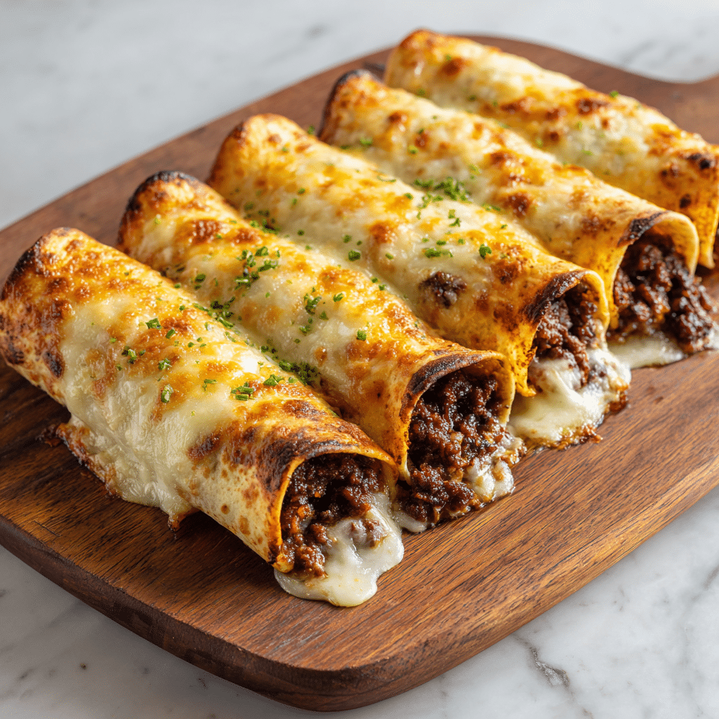 The image shows six baked rolled tortillas filled with seasoned ground meat, arranged closely on a wooden board. Each roll has a golden-brown, melted cheese layer on top that is bubbly and slightly crispy, with patches of darker brown where it browned more. The filling inside is dark brown, finely ground, and visible at the open edges of the rolls. Small green herb sprinkles are scattered over the cheese and around the board. The surface underneath the board is a white marbled texture. Photo taken with an iphone --ar 4:5 --v 7