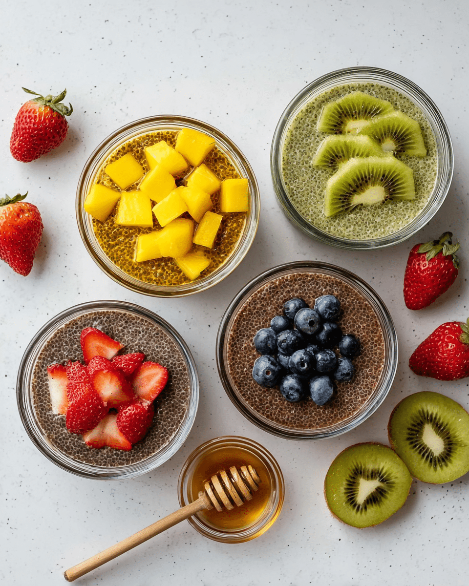 Four glass bowls are arranged on a white marbled surface. Each bowl contains chia pudding topped with different fruits. The top left bowl has a golden-yellow chia pudding topped with small cubes of bright yellow mango. On the top right, there is a greenish chia pudding topped with sliced pieces of kiwi. On the bottom left, the chia pudding is brown with a thick texture, topped with fresh red strawberry quarters. The bottom right bowl has dark brown chia pudding topped with a small heap of round, deep blue blueberries. Near the bowls, there are extra fresh strawberries, sliced kiwi, two mango slices, and a small glass bowl of honey with a wooden honey dipper resting in it. Photo taken with an iphone --ar 4:5 --v 7
