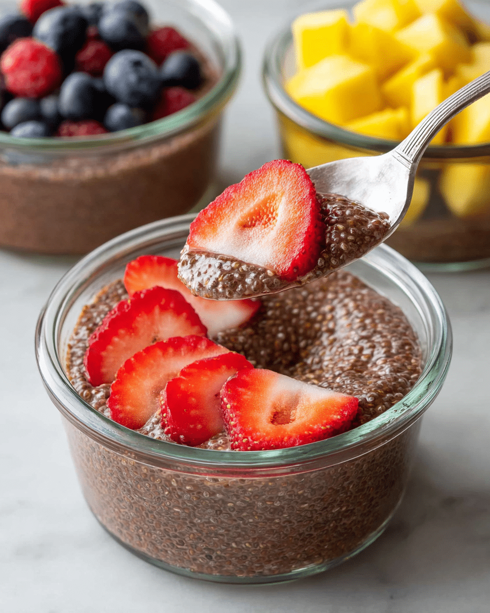 A clear glass bowl filled with a thick chocolate chia pudding that has a grainy texture from the chia seeds. On top, there are seven fresh strawberry slices arranged partly sunken into the pudding, showing their bright red color and juicy texture. A silver spoon lifts a portion of the pudding with a strawberry slice on it. In the background, two similar bowls show other chia pudding variations topped with yellow mango cubes and dark blueberries on the same white marbled surface. photo taken with an iphone --ar 4:5 --v 7