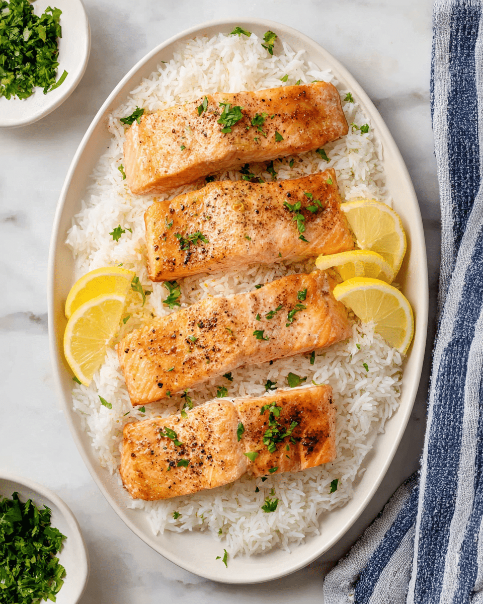 A white oval plate holds a bed of fluffy white rice as the first layer, spread evenly across the plate. On top, four pieces of cooked salmon fillets are placed in a neat row, each with a golden-brown seared surface sprinkled lightly with black pepper and fresh green parsley bits. Two lemon wedges, bright yellow with visible juicy pulp, rest on the rice near the salmon, adding a pop of color. The plate sits on a white marbled texture surface with a small white bowl of chopped parsley visible to the left and a blue and white striped cloth partially visible to the right. photo taken with an iphone --ar 4:5 --v 7