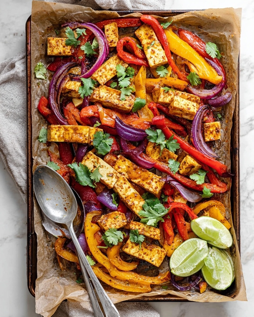 The image shows a tray full of roasted chicken and vegetables. The dish has three main layers: the bottom layer of browned, slightly charred red and yellow bell pepper strips and purple onion slices, all with a soft and roasted texture; the middle layer consists of medium-sized chicken chunks with a golden brown, spiced coating; the top layer is sprinkled with fresh green cilantro leaves and lime wedges placed around the tray edges, adding bright green color contrasts. Two silver spoons rest on the bottom left of the tray. The tray is lined with parchment paper and sits on a white marbled surface. Photo taken with an iphone --ar 4:5 --v 7