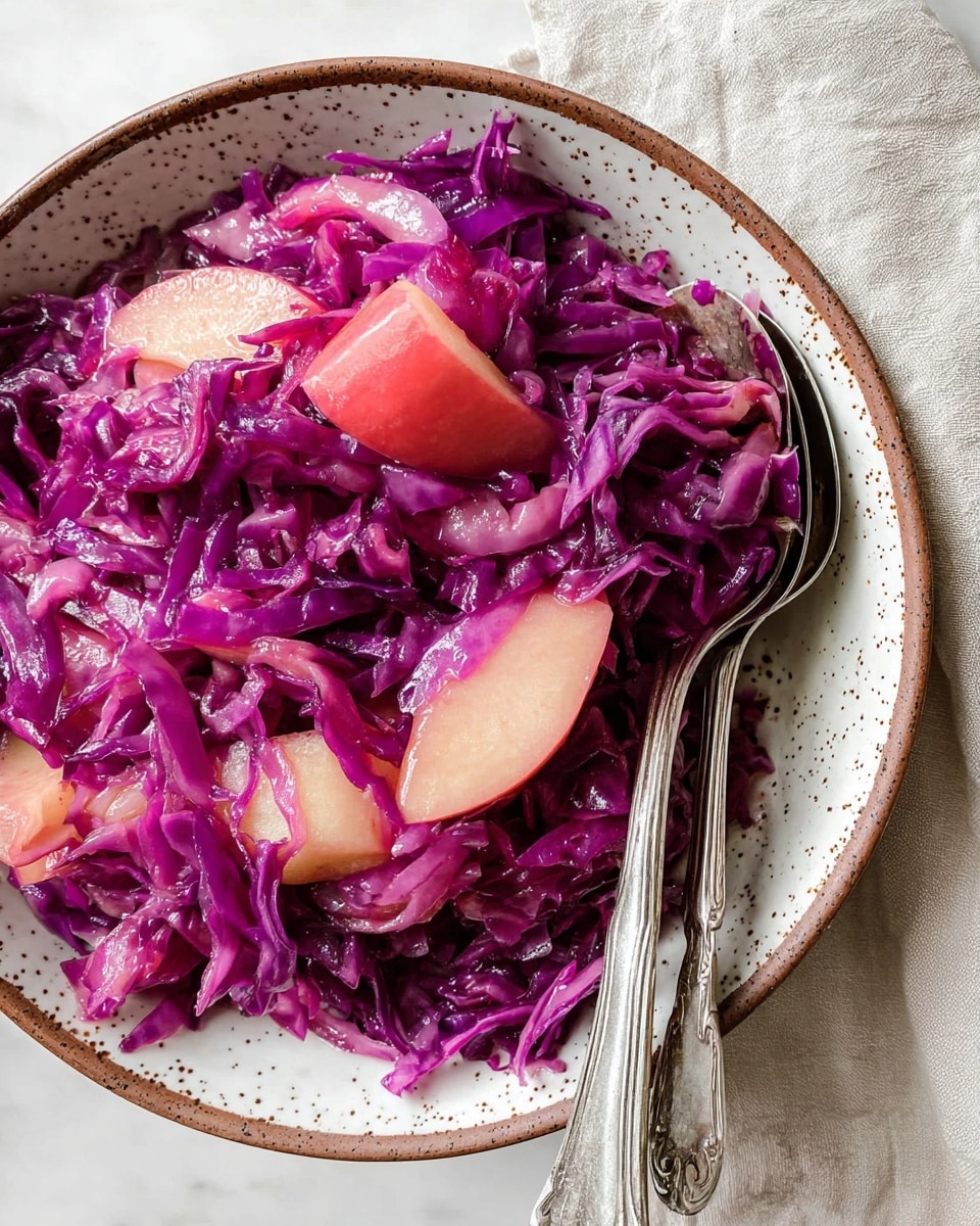 The image shows a bowl filled with cooked shredded purple cabbage mixed with large chunks of soft, pinkish apples. The cabbage appears shiny and tender, with its vibrant purple color standing out. The bowl has a white base with a speckled pattern and a brown rim, holding the colorful mix inside. Two vintage silver spoons rest inside the bowl on the right side, slightly overlapping each other, with their handles extending out. The bowl is placed on a white marbled surface with a soft beige cloth partly visible to the right side. photo taken with an iphone --ar 4:5 --v 7