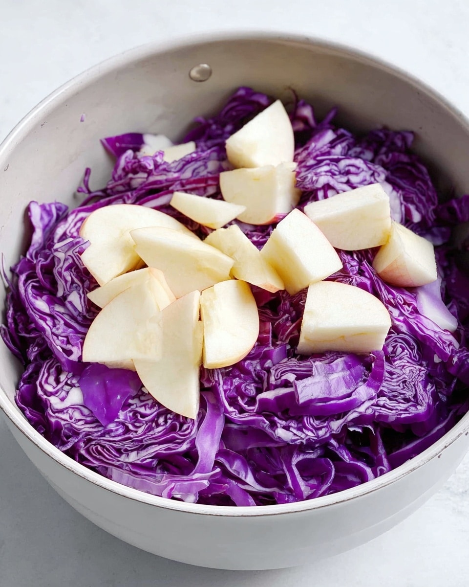 A white bowl holds two main layers: the bottom layer is thinly sliced purple cabbage, bright and fresh with a slightly glossy texture, covering the entire base of the bowl. On top around the edges, there are uneven chunks of peeled apple with a creamy white color and a firm, smooth texture, contrasting with the rich purple cabbage beneath. The white marbled surface is beneath the bowl, adding a clean and simple background. photo taken with an iphone --ar 4:5 --v 7