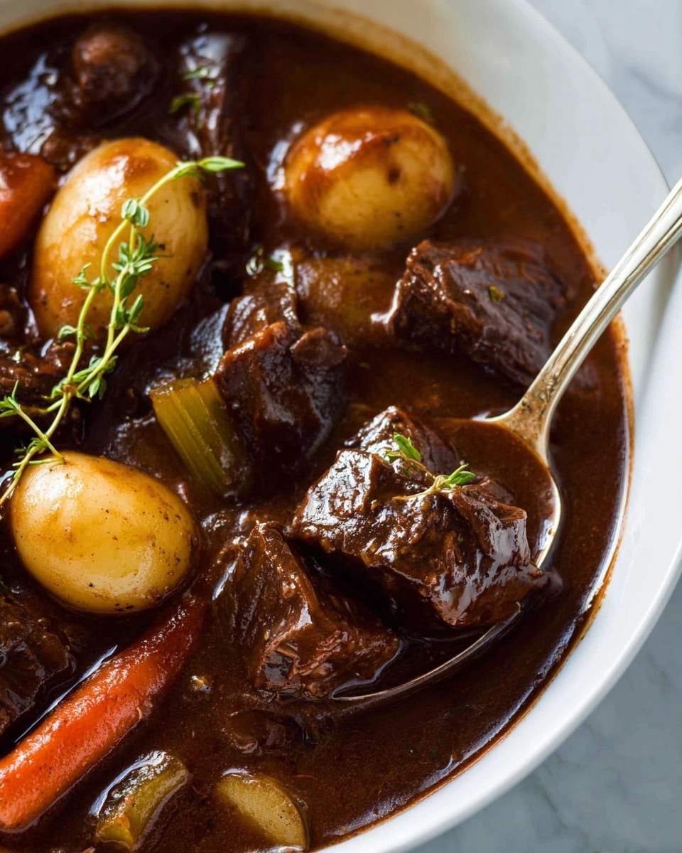 The image shows a close-up of a hearty beef stew in a white bowl, filled with rich, dark brown gravy that looks thick and glossy. Large chunks of tender beef appear dark and juicy, sitting alongside soft baby potatoes with a light yellow skin and orange carrot slices, all partially submerged in the stew. There are also pieces of celery with a slightly lighter brown color and some small green herb sprigs on top, adding a touch of freshness. A large silver spoon is partially dipped into the stew, holding a few pieces of beef and some gravy. The bowl sits on a white marbled surface. photo taken with an iphone --ar 4:5 --v 7