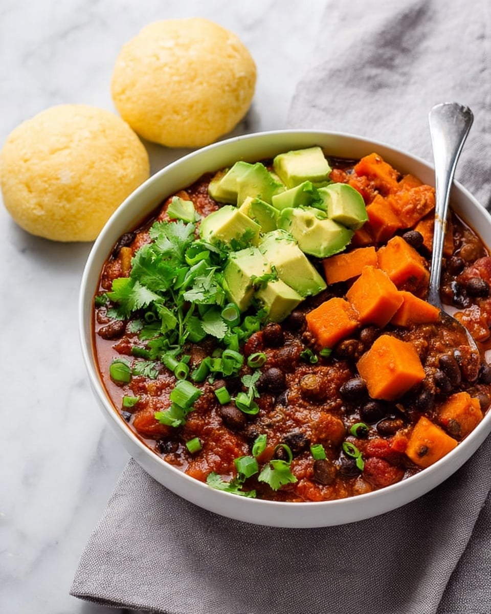 A white bowl filled with a rich stew showing at least three layers: the bottom layer is thick and reddish-brown with visible black beans and small tomato pieces; the middle layer has large bright orange chunks of sweet potato scattered on top; the top layer has cubed light green avocado pieces along with fresh dark green cilantro leaves and chopped spring onions sprinkled around. The bowl is placed on a white marbled surface beside three light yellow round bread balls and a soft grey cloth. A silver spoon rests inside the bowl, partially submerged in the stew. photo taken with an iphone --ar 4:5 --v 7