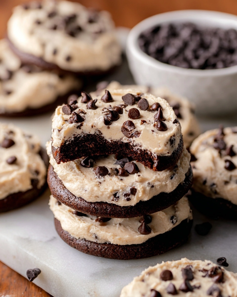The image shows several cookies with two distinct layers: a thick, dark brown chocolate cookie base and a top layer of lighter beige dough filled with small, dark chocolate chips scattered evenly across the surface. One cookie in the center has a bite taken out, revealing the soft and dense texture of both layers. The cookies are arranged closely on a white marbled surface, with a white bowl partially visible in the background containing more dark chocolate chips. photo taken with an iphone --ar 4:5 --v 7
