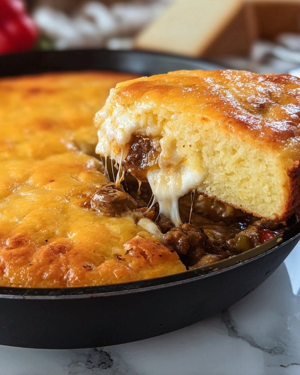 A close-up of a round dish with a golden-brown baked top layer that looks crisp and shiny. Underneath this top layer, there are multiple layers: a light yellow, soft, cake-like layer, and a middle layer with melted cheese that is white and gooey, along with pieces of brown sausage. The slice being lifted shows the layers clearly with the cheese stretching slightly. The dish is in a black round baking pan, and the surface under it has a white marbled texture. Photo taken with an iphone --ar 4:5 --v 7