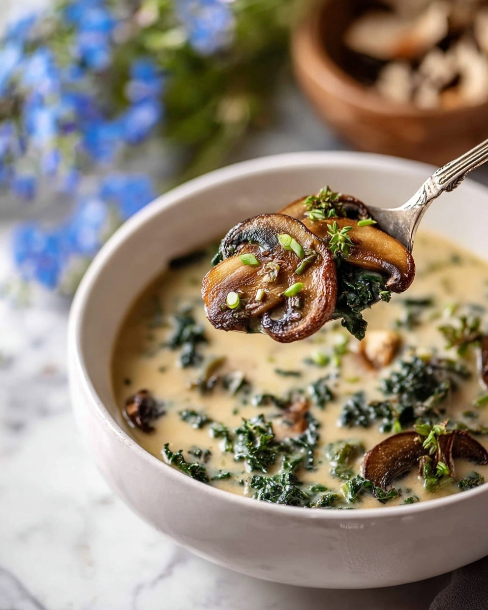 A white bowl is filled with a creamy soup that has a light beige color. Floating in the soup are dark green cooked kale pieces and sliced brown mushrooms. A silver spoon is lifted above the bowl, holding two brown mushroom slices on top of some dark green kale, garnished with small bright green herb pieces. In the background, there are blurred blue flowers and a wooden bowl with light brown dried mushroom slices. The setting is on a white marbled surface. Photo taken with an iphone --ar 4:5 --v 7