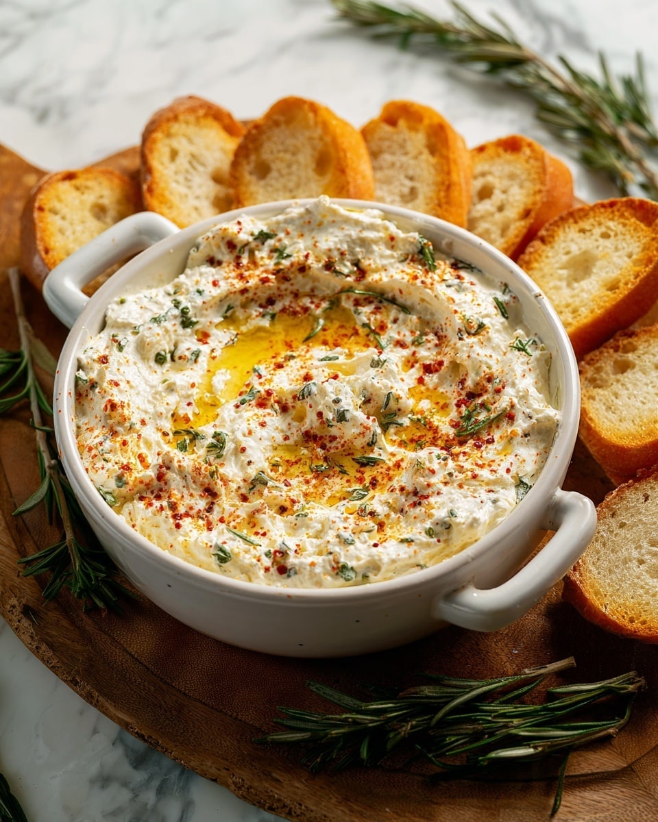 A close-up of a white bowl filled with creamy white spread with visible specks of herbs mixed throughout, topped with golden olive oil drizzled over the top and a light dusting of red spice and green herb leaves. The bowl sits on a round brown wooden board with sprigs of fresh rosemary placed next to it. Surrounding the bowl are slices of toasted white baguette with golden brown edges. The setting is on a white marbled surface with soft natural lighting highlighting the textures and colors. Photo taken with an iphone --ar 4:5 --v 7