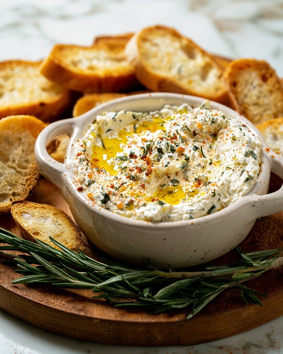 The image shows a bowl of creamy white cheese dip with a rough, whipped texture. The dip is sprinkled with red paprika and chopped green herbs, likely rosemary, giving it a speckled look. There are swirls and peaks in the dip, with a light drizzle of golden olive oil pooling in the center. The bowl is white with handles and placed on a rustic wooden board. Around the bowl, there are several slices of toasted baguette with a golden-brown crust and soft, light interior. The whole setting rests on a white marbled surface with some fresh rosemary sprigs scattered nearby. photo taken with an iphone --ar 4:5 --v 7