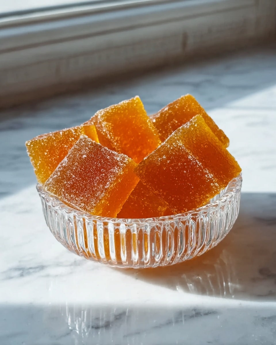The image shows a small clear glass bowl filled with amber-colored jelly cubes. Each cube has a shiny, slightly translucent texture with a sugar-coated surface that catches light, giving a sparkling effect. The cubes are stacked unevenly, some standing upright and others leaning or lying flat, showing their smooth and glossy sides. The bowl sits on a white marbled surface near a window, with soft natural light highlighting the warm golden hues of the jelly. Photo taken with an iphone --ar 4:5 --v 7