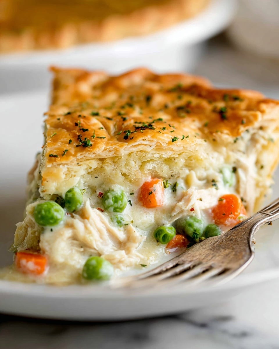 A close-up view of a slice of chicken pot pie on a white plate, showing three layers: the top flaky golden crust sprinkled with small green herbs, the middle creamy white sauce mixed with chunks of tender chicken and visible black pepper, and the bottom layer of bright green peas and orange carrot slices, which look soft and cooked. The background has a white marbled texture, and a silver fork lies on the plate near the pie slice. Photo taken with an iphone --ar 4:5 --v 7