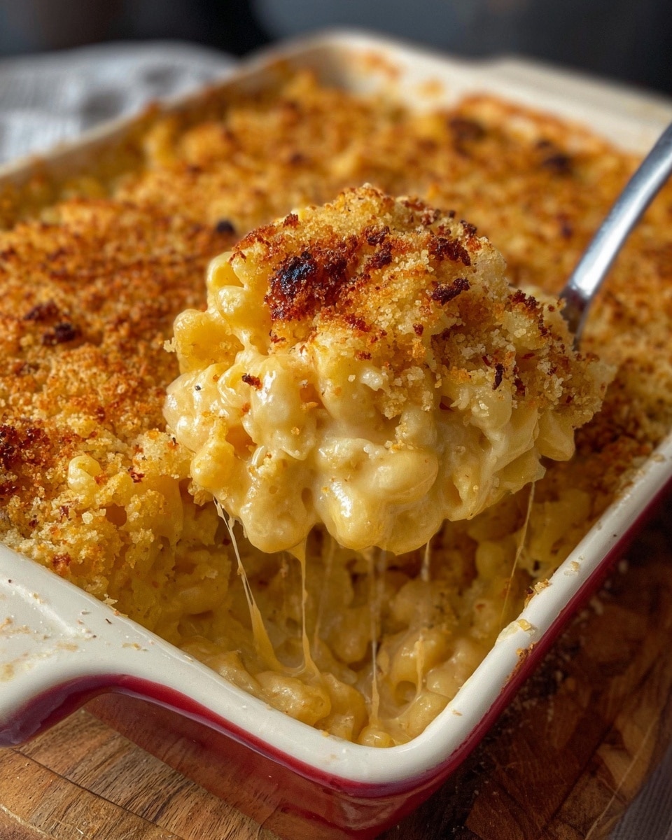 A close-up view of a creamy baked macaroni and cheese in a white ceramic baking dish with a red edge, resting on a wooden surface. The top layer is golden brown with a crispy breadcrumb crust that has some darker toasted spots. Underneath, there is a thick layer of gooey, melted cheese mixed with elbow macaroni pasta, showing a shiny, smooth texture that looks rich and soft. A metal serving spoon holds up a square portion, revealing all the layers of creamy cheese and noodles inside. photo taken with an iphone --ar 4:5 --v 7