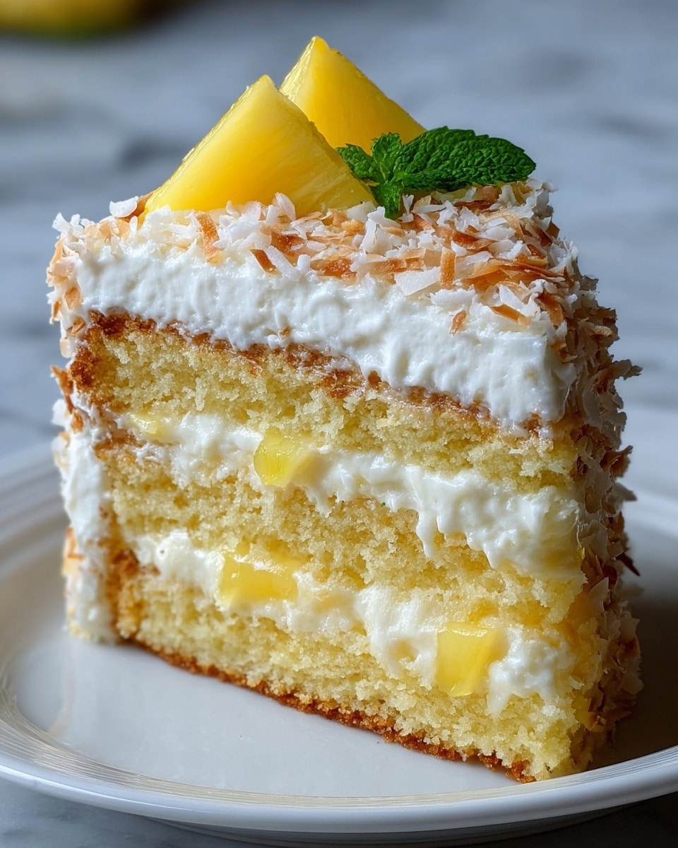 A close-up of a three-layer slice of moist yellow cake with creamy white frosting spread thickly between each layer. The top layer is covered with fluffy white whipped cream, sprinkled with toasted light brown coconut flakes, and garnished with small triangular pieces of bright yellow pineapple. The cake sits on a white plate with light green leaf patterns, all set against a white marbled surface. Photo taken with an iphone --ar 4:5 --v 7