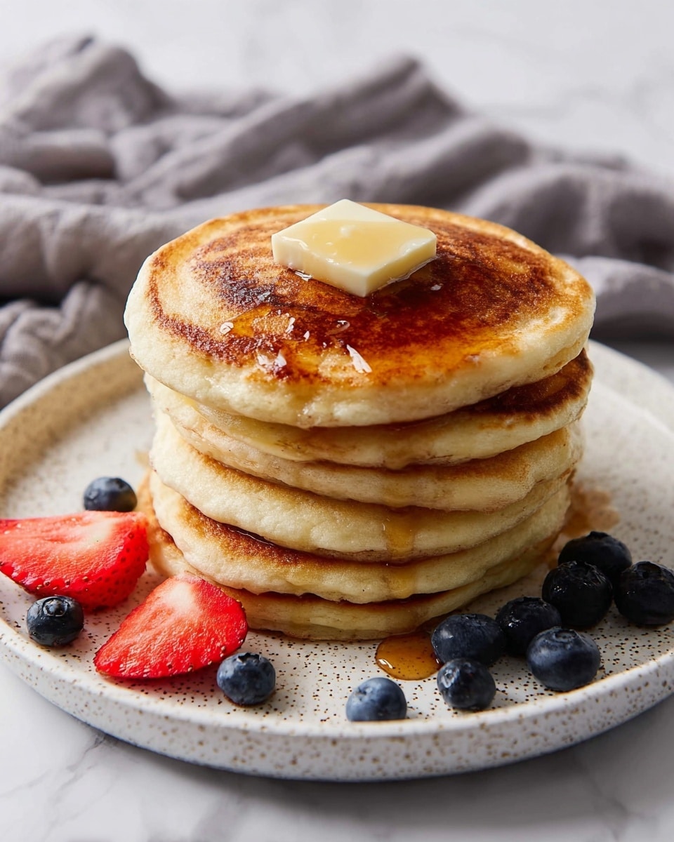 A stack of six golden brown pancakes sits on a white speckled plate placed on a white marbled surface. The top pancake is glossy with syrup dripping down the sides and has a square pat of melting butter in the center. Around the stack, there are fresh blueberries scattered with two halves of a ripe strawberry on the left side of the plate. A soft gray cloth is blurred in the background, adding depth to the photo taken with an iphone --ar 4:5 --v 7