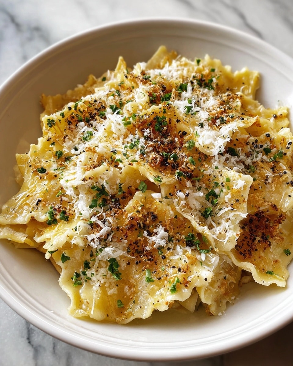 A white bowl filled with a creamy pasta dish showing several layers of soft, folded yellow pasta with slightly browned, crispy edges on top. The creamy sauce gives a shiny, smooth texture coating the pasta evenly. The dish is sprinkled with finely grated white cheese and small pieces of fresh green herbs scattered across the surface. Tiny black pepper flakes add specks of contrast as they are spread throughout the top. The bowl sits on a white marbled texture. photo taken with an iphone --ar 4:5 --v 7