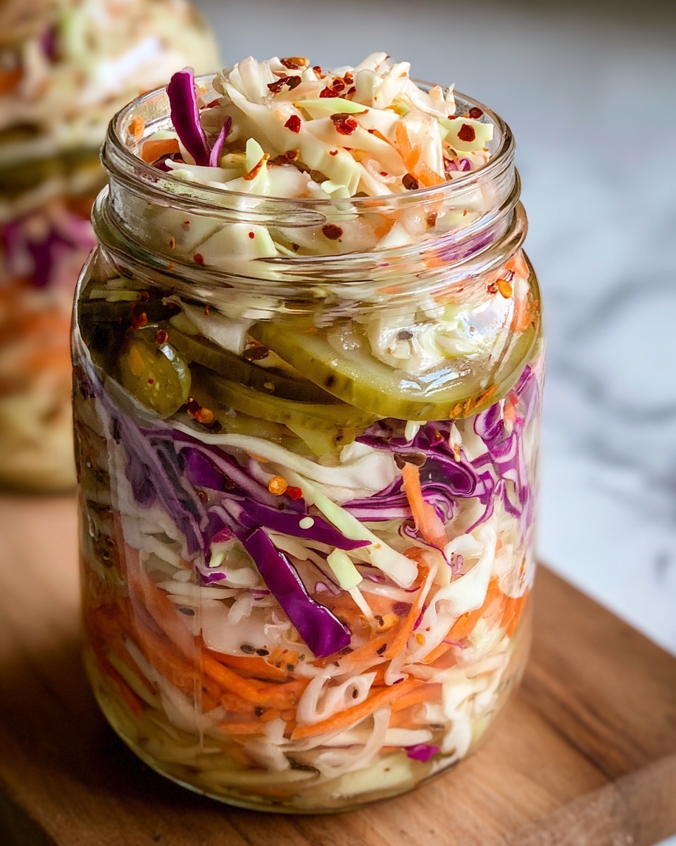 A close-up view of a clear glass jar filled with layers of thinly sliced vegetables, including creamy white cabbage, bright orange carrot strips, and purple cabbage shreds, all mixed together. Scattered on top and throughout are small green pickle slices with seeds visible, and the vegetables look glossy with a light, slightly wet texture, indicating they are pickled or marinated. Small flecks of black pepper and herbs are sprinkled over the mix. The jar is placed on a white marbled surface, and in the blurred background, more jars filled with similar pickled vegetables are partially visible. photo taken with an iphone --ar 4:5 --v 7